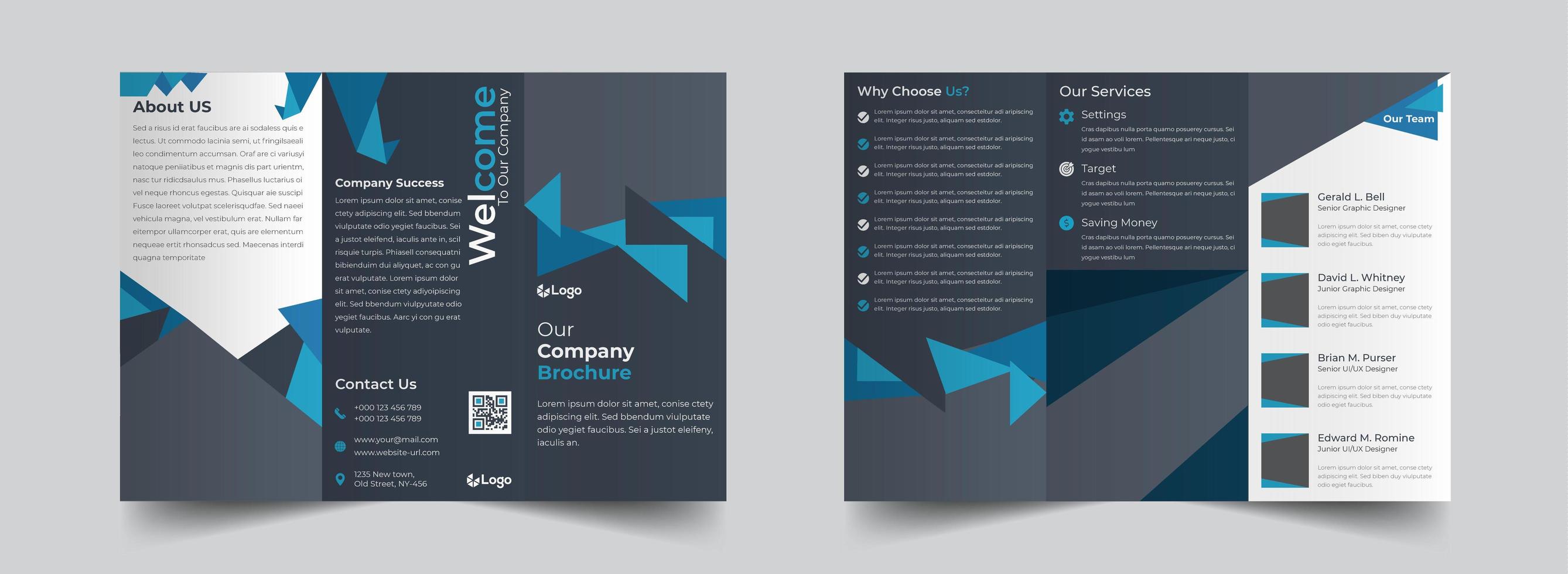 blauwe en grijze driehoekige vormen driebladige zakelijke brochure sjabloon vector