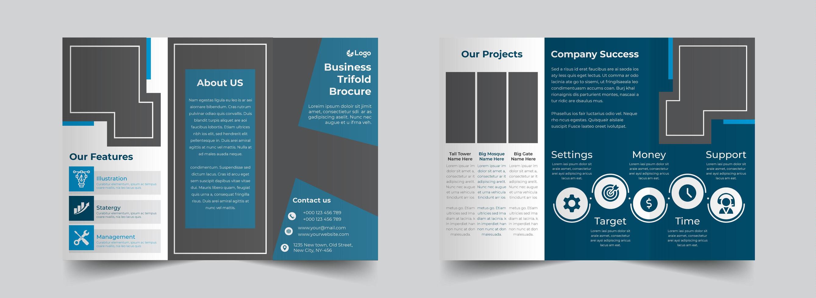 blauwe zakelijke driebladige brochure ontwerpsjabloon vector