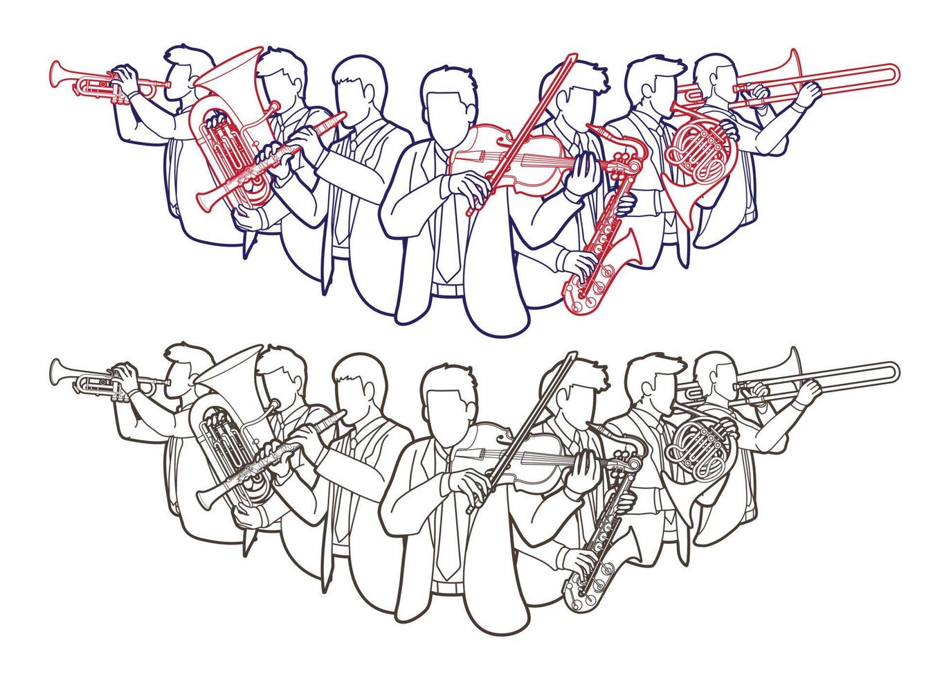 schets groep van orkest spelers instrument musicus vector