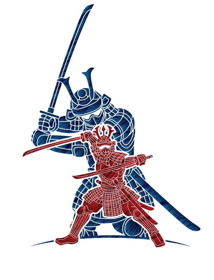 silhouet samurai krijger of ronin Japans vechter bushido actie met schild en wapen vector