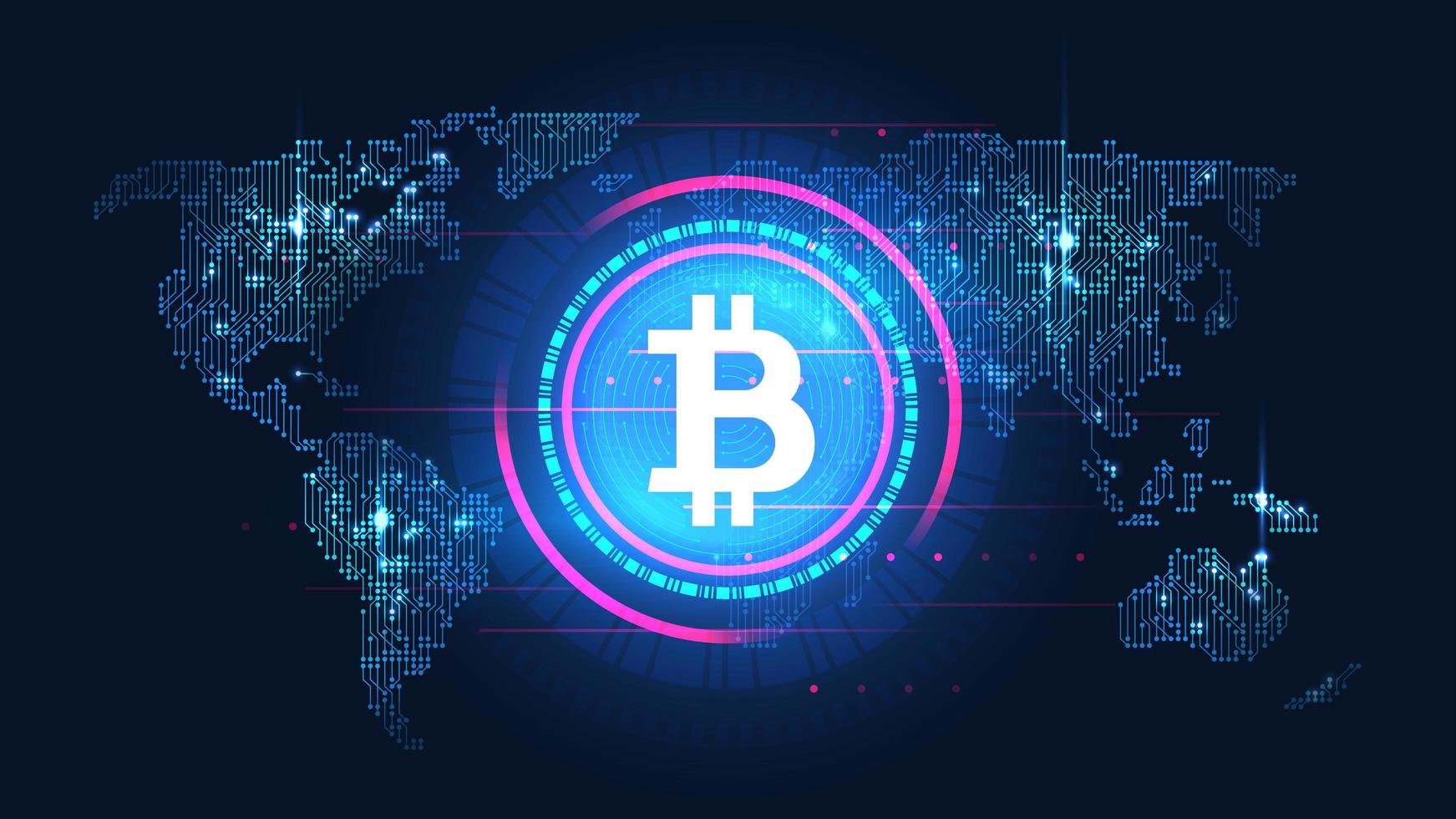 gloeiende bitcoin blockchain-technologie met wereldwijd concept vector