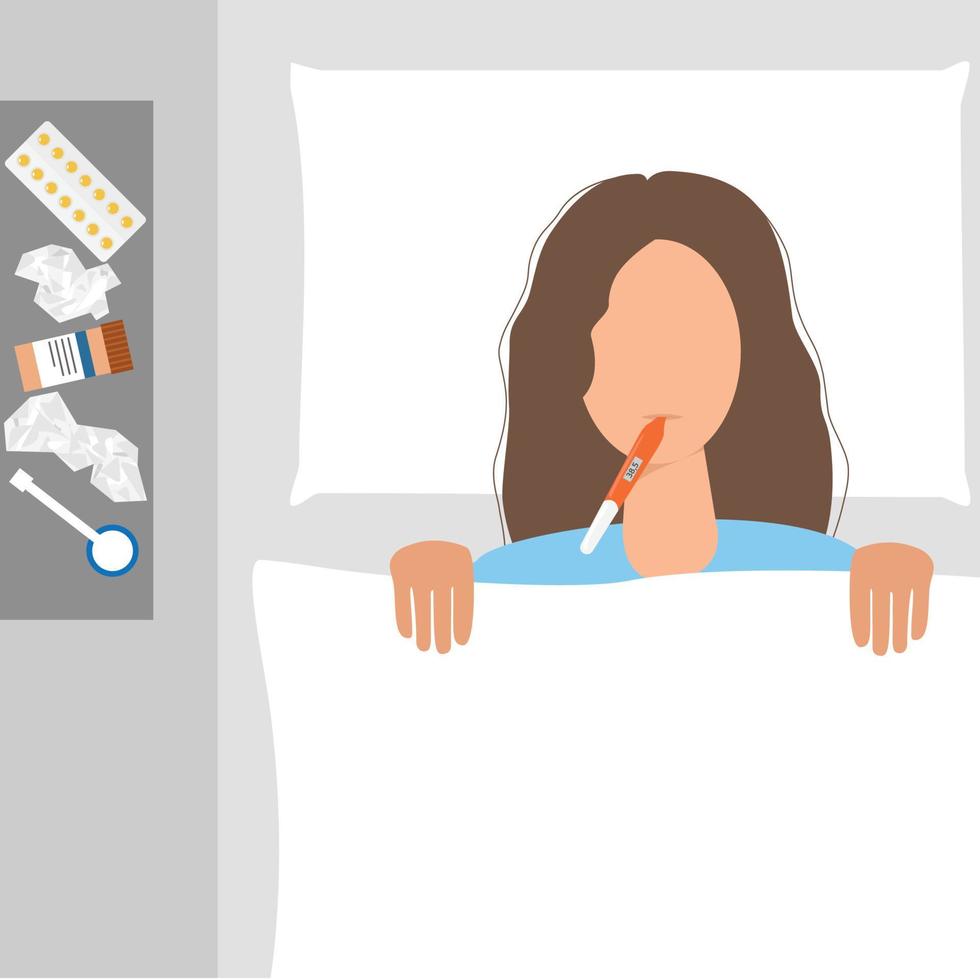 griep of verkoudheid meisje in bed met temperatuur. seizoensgebonden verkoudheid vrouw met geneesmiddel. vector illustratie