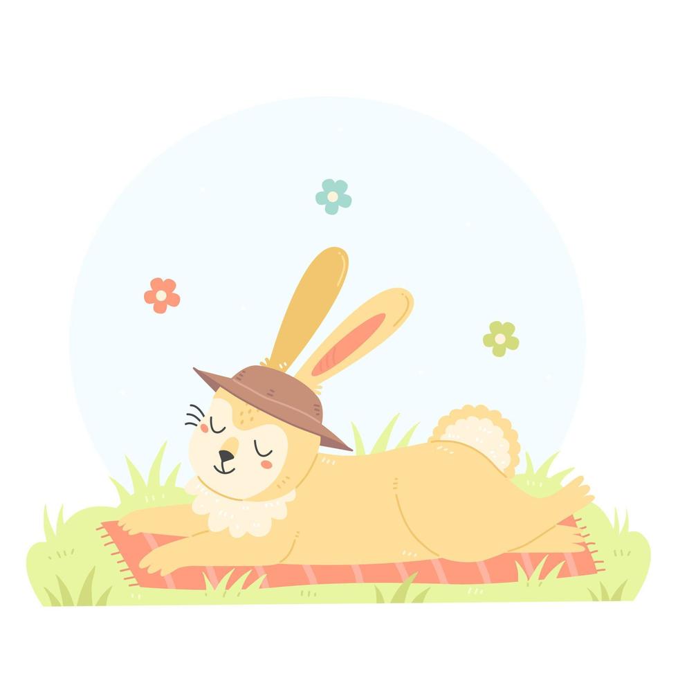 een schattig konijn in een hoed is zonnen in de zon. een konijn karakter in een tekenfilm vlak stijl. vector zomer kinderen illustratie.