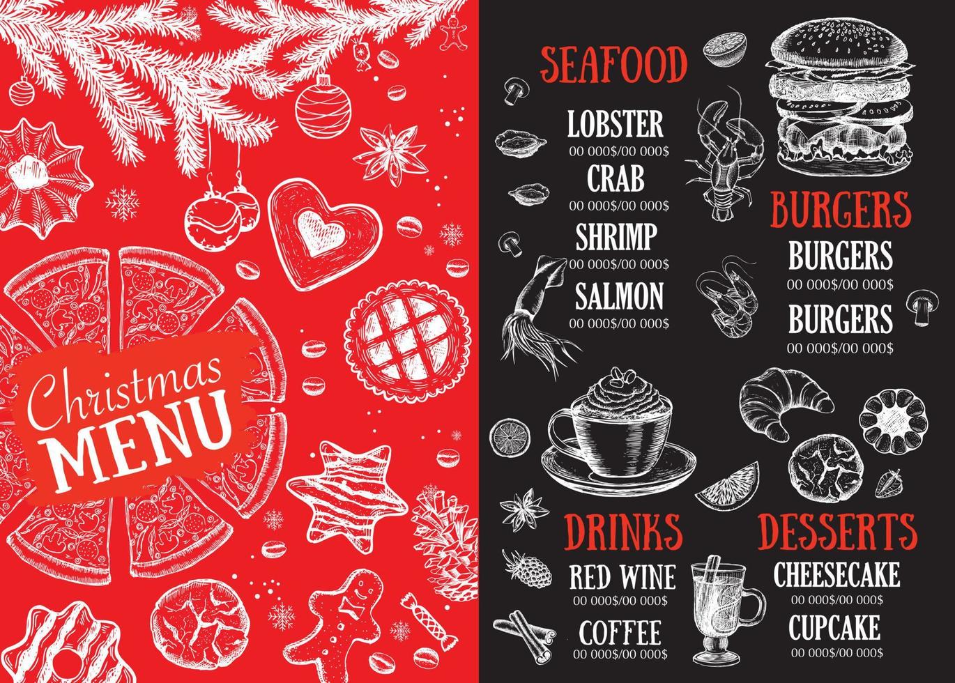 kerstmenu café. voedsel folder. restaurant menu. sjabloon ontwerp. vector