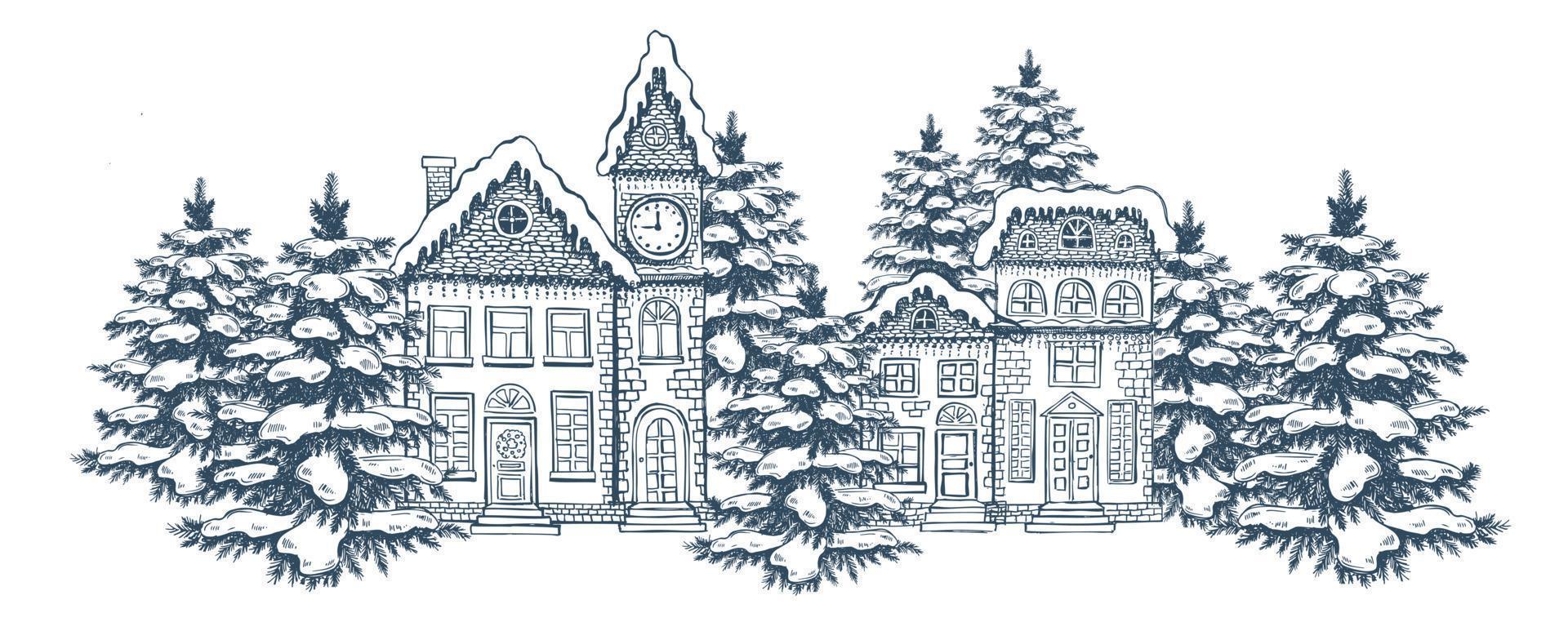 illustratie van huizen. Kerstmis groet kaart. reeks van hand- getrokken gebouwen vector