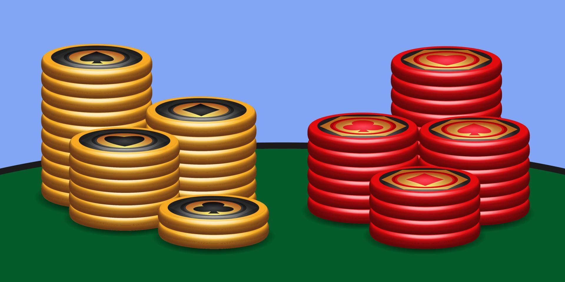 goud en rood poker spaander set, met symbolen diamanten, stokken, harten, schoppen, spel ontwerp elementen, 3d vector illustratie, stack van chips voor casino