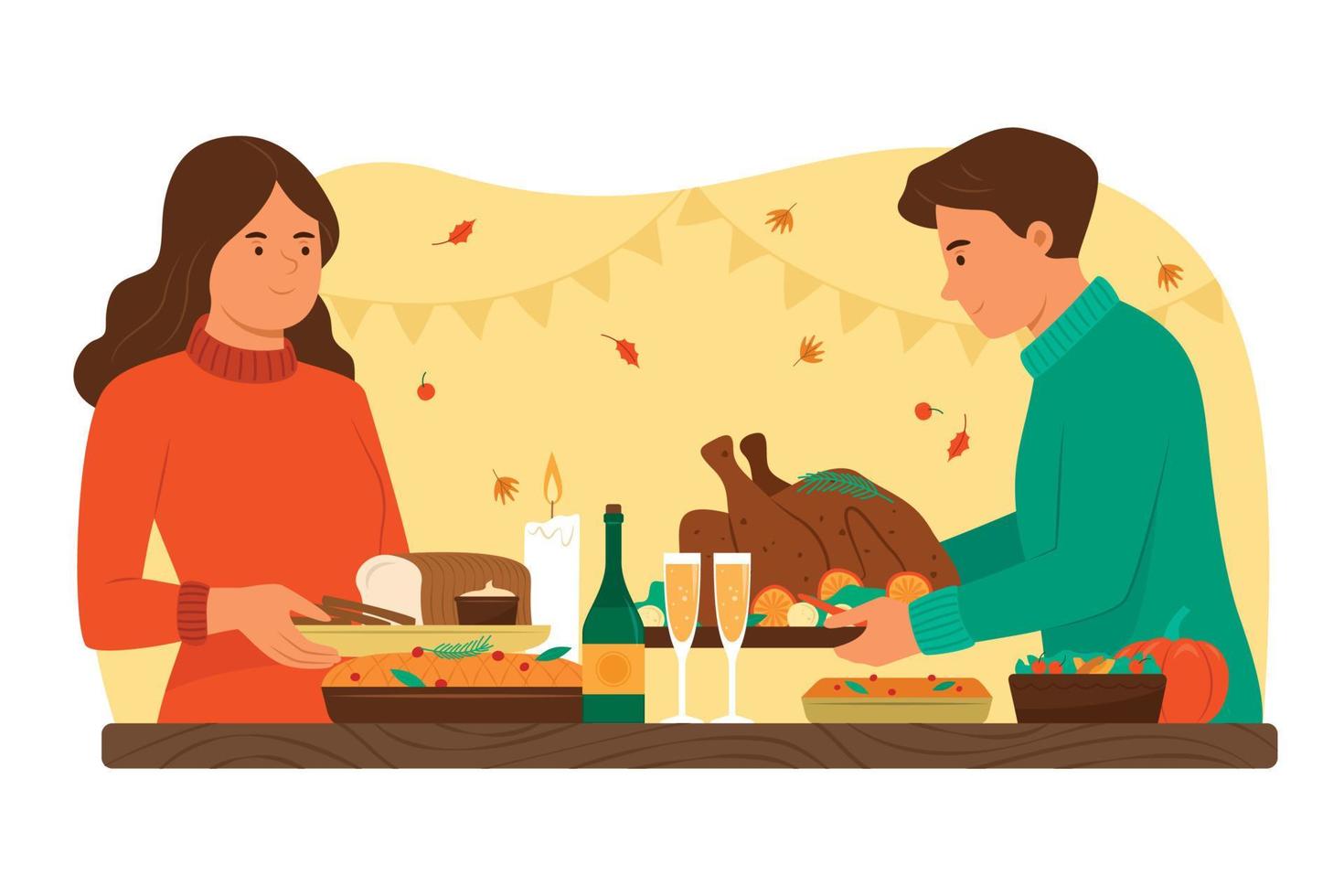 Mens en vrouw bereiden voedingsmiddelen voor vieren de dankzegging dag vector