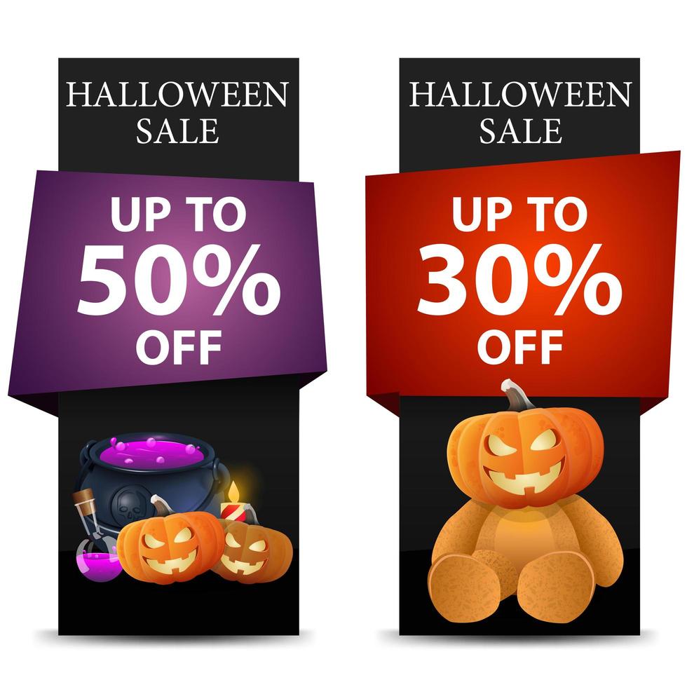 Halloween-verkoopbanners met pompoen, ketel en teddybeer vector