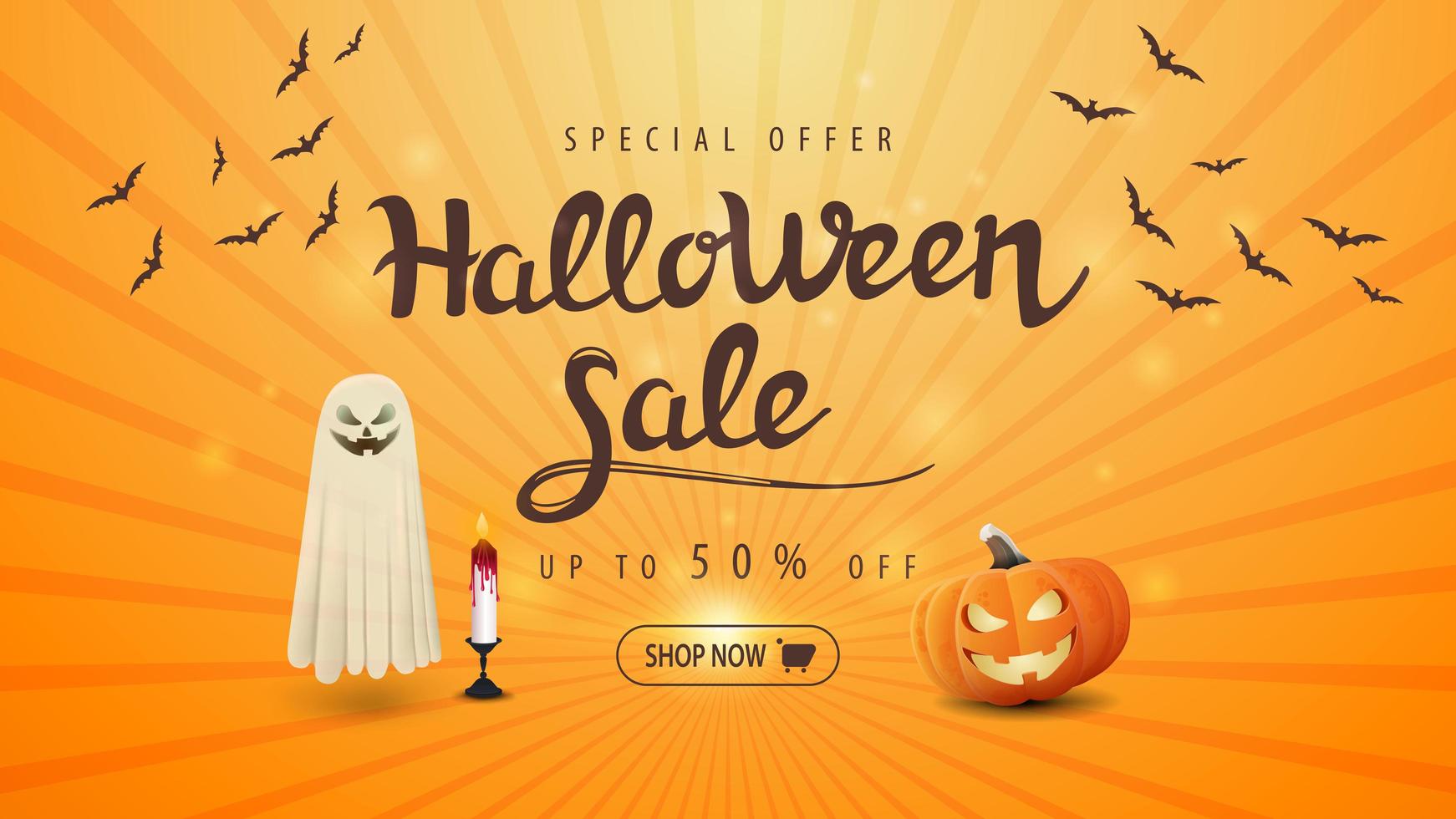Halloween-verkoop oranje banner met pompoenhefboom en spook vector