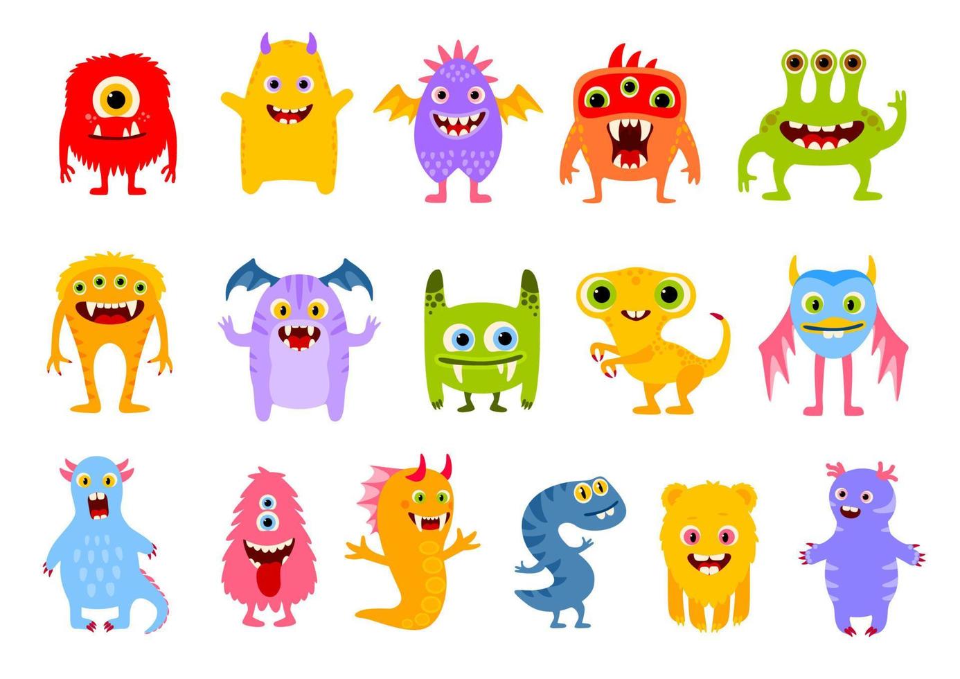 tekenfilm grappig monster karakters, schattig personages vector