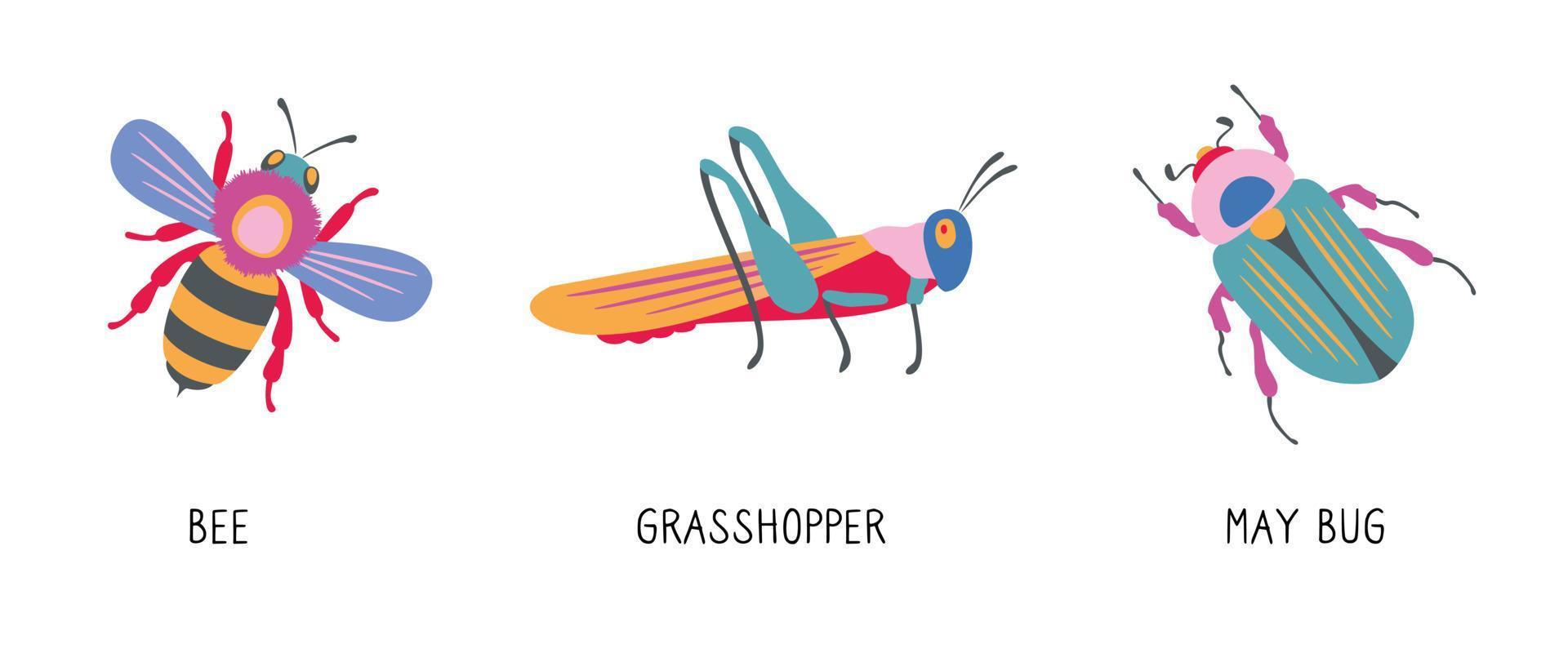 schattig tekenfilm insecten. grappig bij, sprinkhaan en mei beestje. kleurrijk geïsoleerd vector illustratie reeks van pictogrammen.