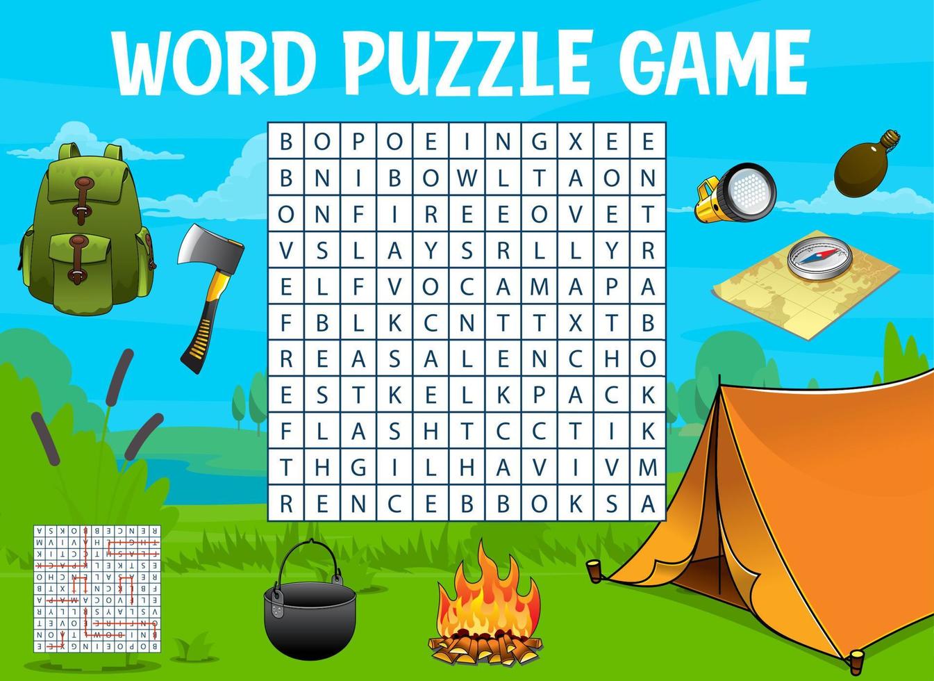 camping reizen woord zoeken puzzel spel werkblad vector