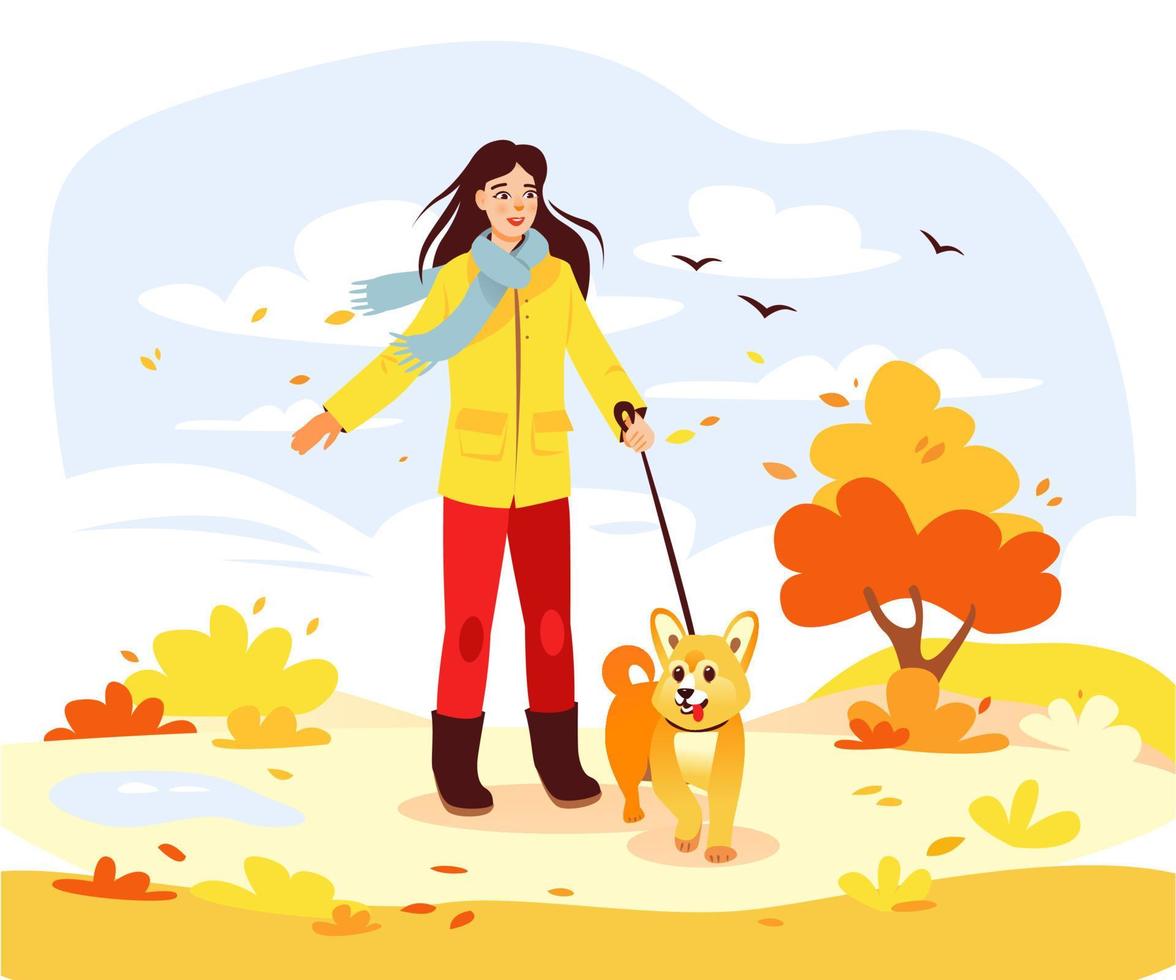 herfst park. een vrouw wandelingen haar hond in de park in herfst. tekenfilm vector illustratie