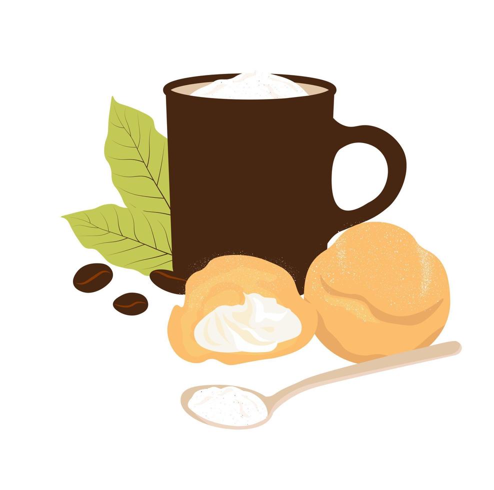 Frans profiteroles en een mok van heet koffie. koffie winkel logo. vector voorraad illustratie. geïsoleerd Aan een wit achtergrond.