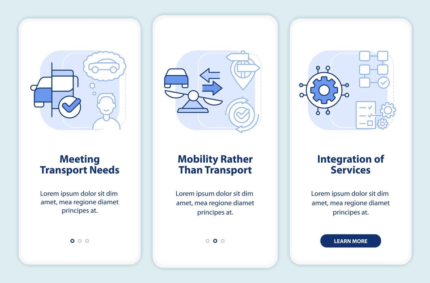 maas concept componenten licht blauw onboarding mobiel app scherm. walkthrough 3 stappen bewerkbare grafisch instructies met lineair concepten. ui, ux, gui sjabloon. vector