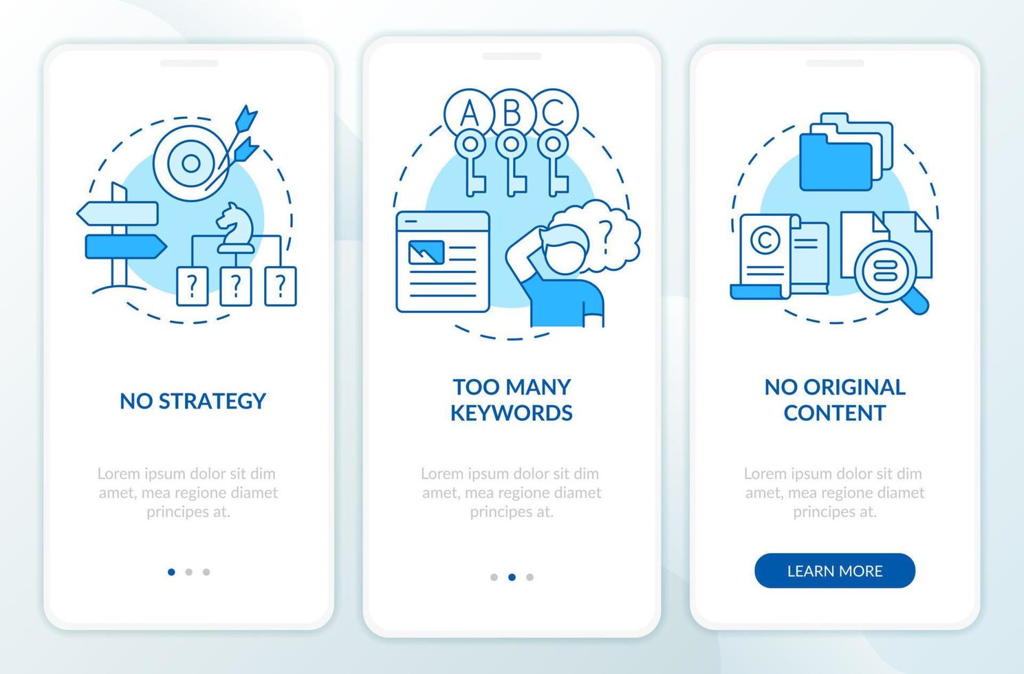 zoeken motor optimalisatie fouten blauw onboarding mobiel app scherm. walkthrough 3 stappen bewerkbare instructies met lineair concepten. ui, ux, gui sjabloon. vector