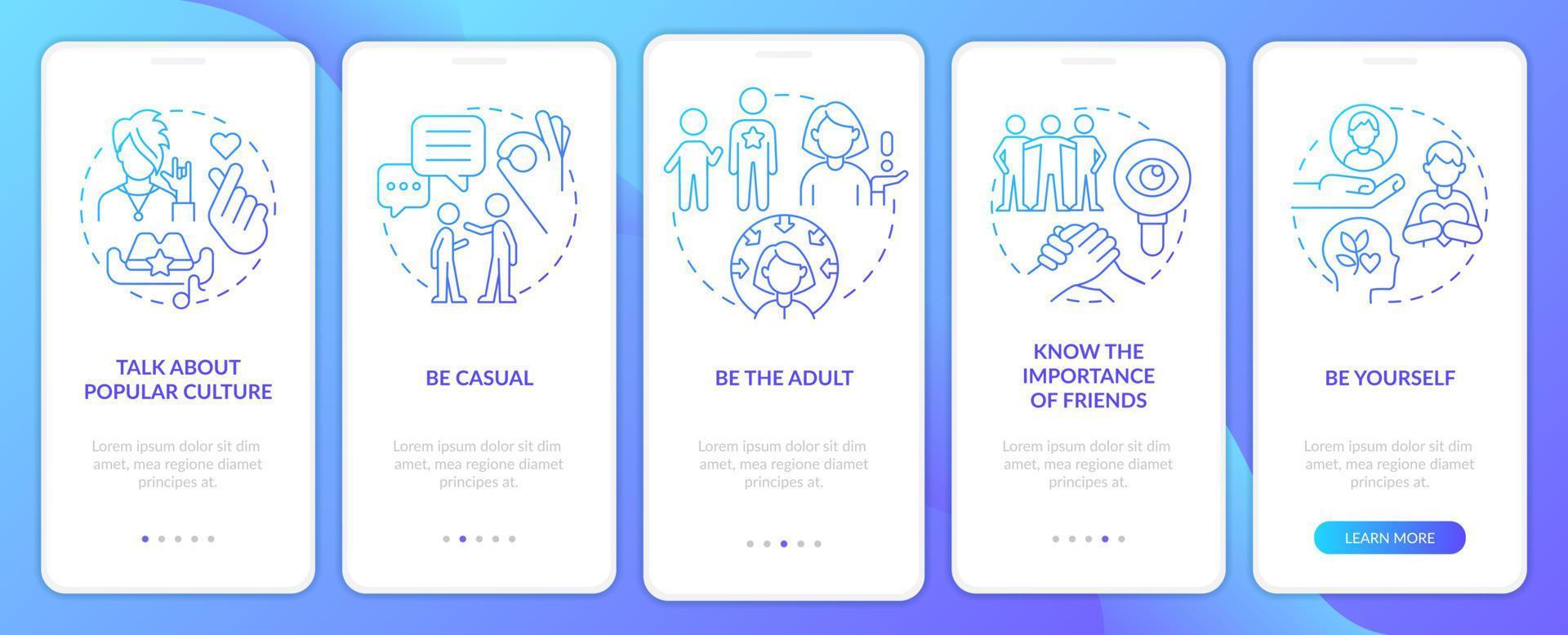 omgaan met tieners blauw helling onboarding mobiel app scherm. worden rol model- walkthrough 5 stappen grafisch instructies met lineair concepten. ui, ux, gui sjabloon. vector