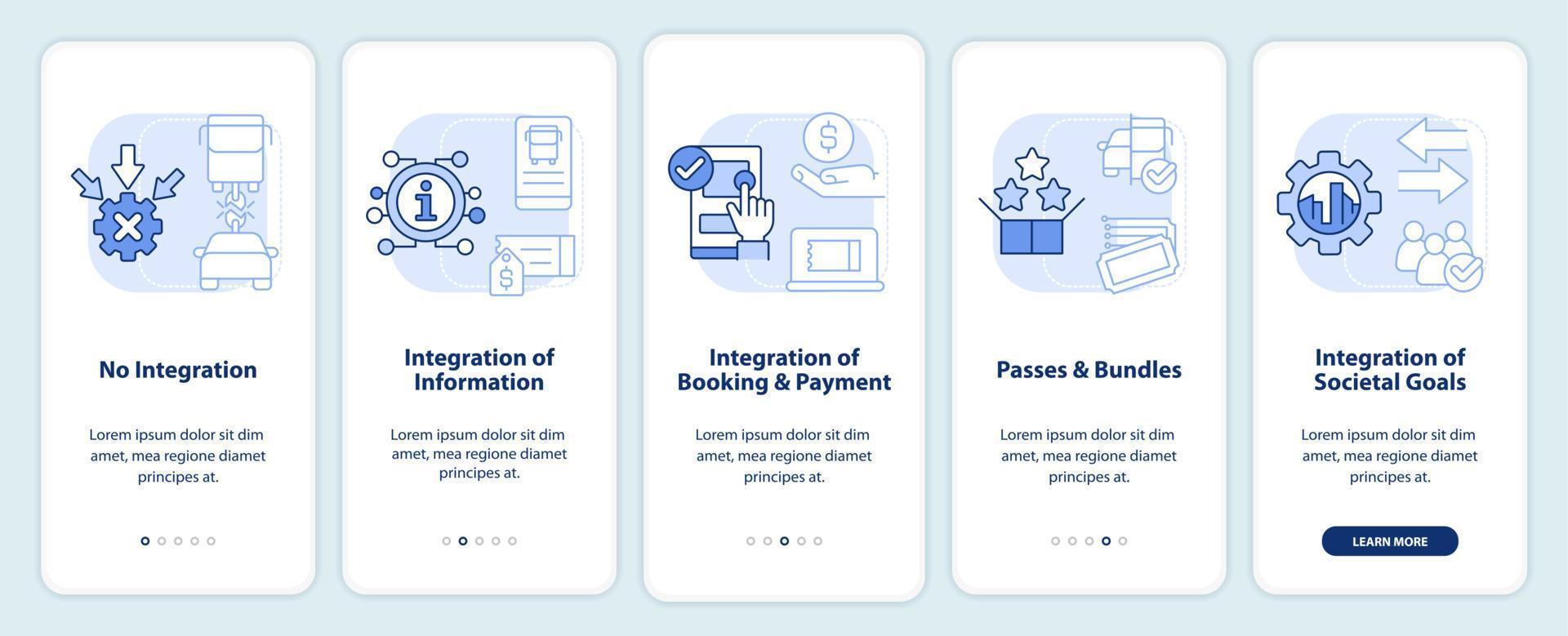 maas integratie niveaus licht blauw onboarding mobiel app scherm. walkthrough 5 stappen bewerkbare grafisch instructies met lineair concepten. ui, ux, gui sjabloon. vector