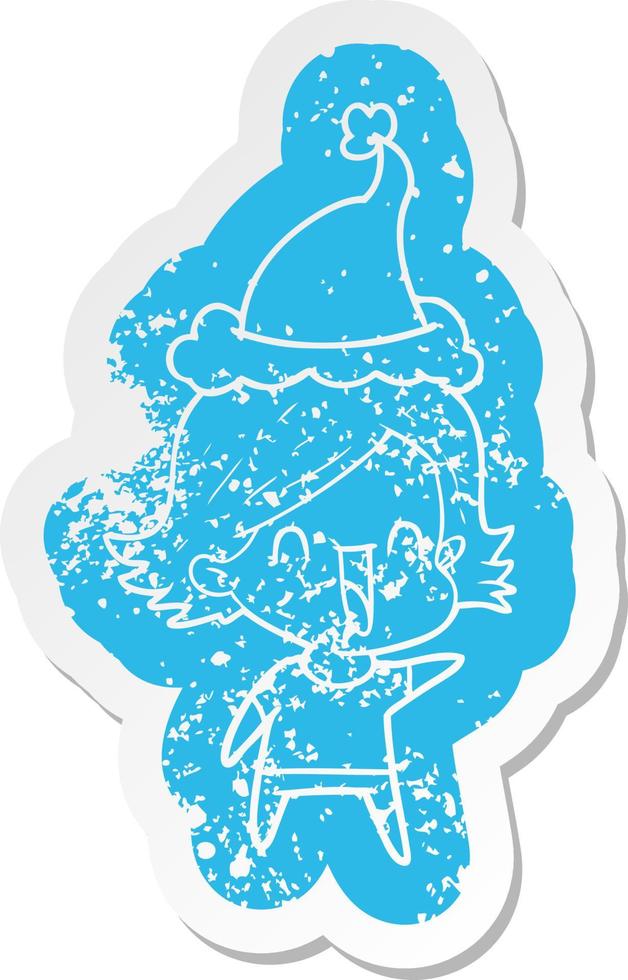 cartoon noodlijdende sticker van een gelukkige vrouw met een kerstmuts vector