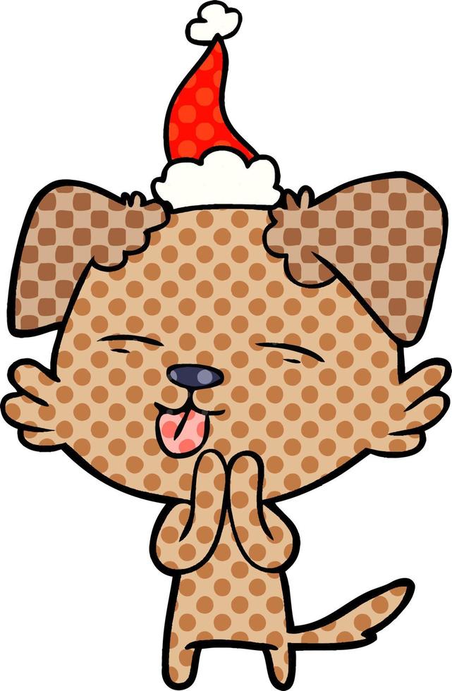 stripboekachtige illustratie van een hond die zijn tong uitsteekt en een kerstmuts draagt vector