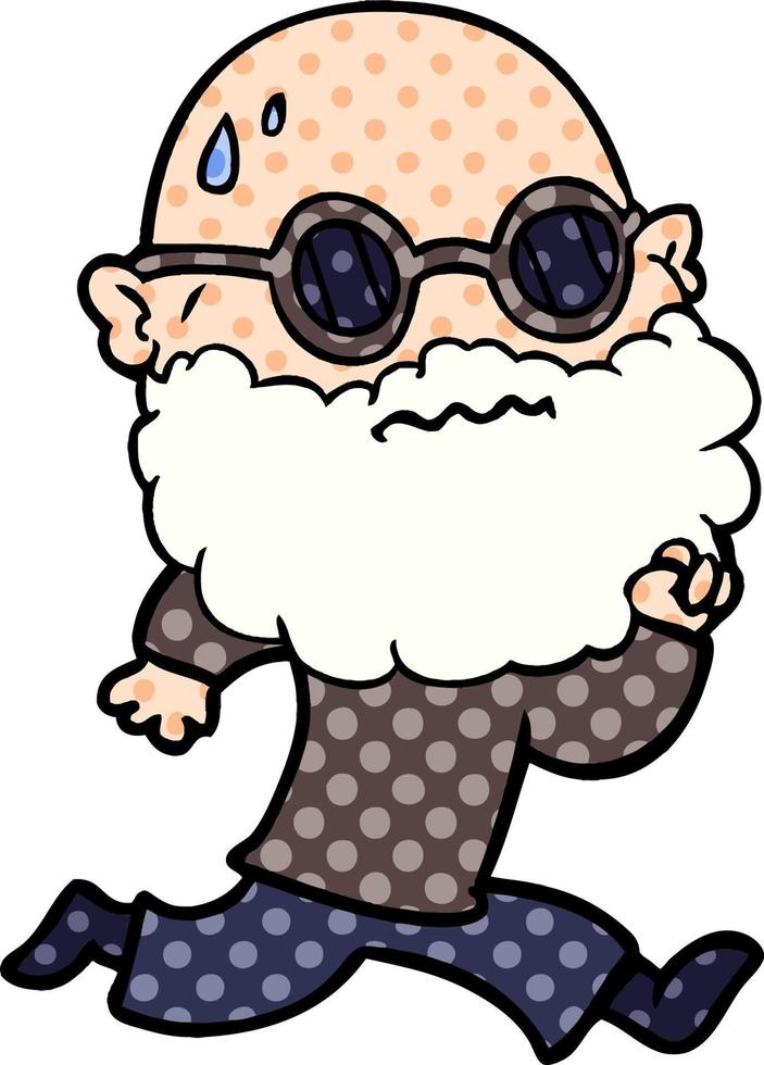 tekenfilm rennen Mens met baard en zonnebril zweten vector