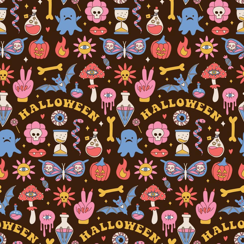 kleurrijk naadloos patroon met paddestoelen, geest, pompoen en magie toverdrank. groovy hippie halloween retro jaren 60, jaren 70 stijl achtergrond. psychedelisch textiel, kleding stof en omhulsel papier. vector illustratie.