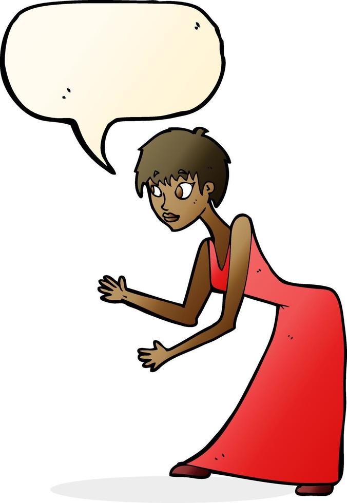 tekenfilm vrouw in jurk gebaren met toespraak bubbel vector