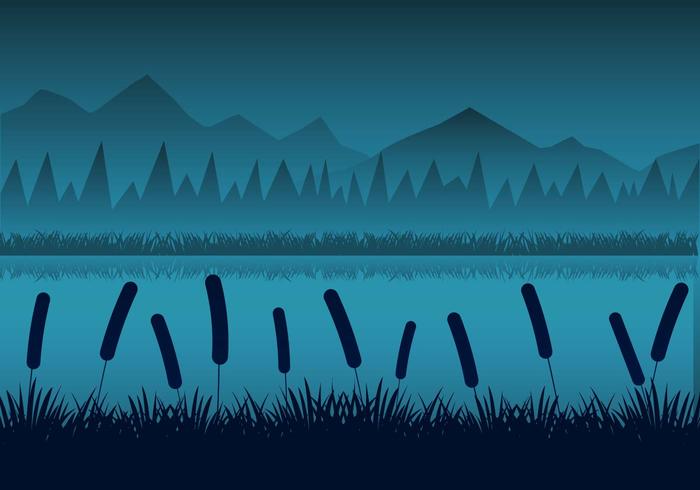 Free Night Rivers Landschap Met Rietjes Silhouttes Vector