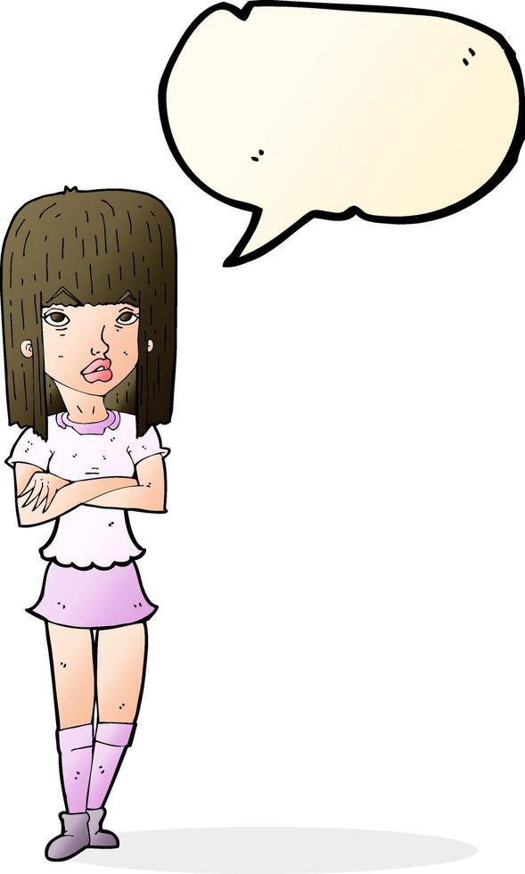 tekenfilm meisje met gekruiste armen met toespraak bubbel vector
