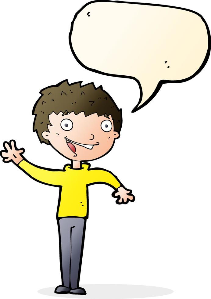 tekenfilm gelukkig jongen golvend met toespraak bubbel vector