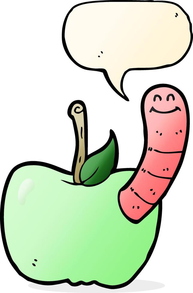 tekenfilm appel met worm met toespraak bubbel vector