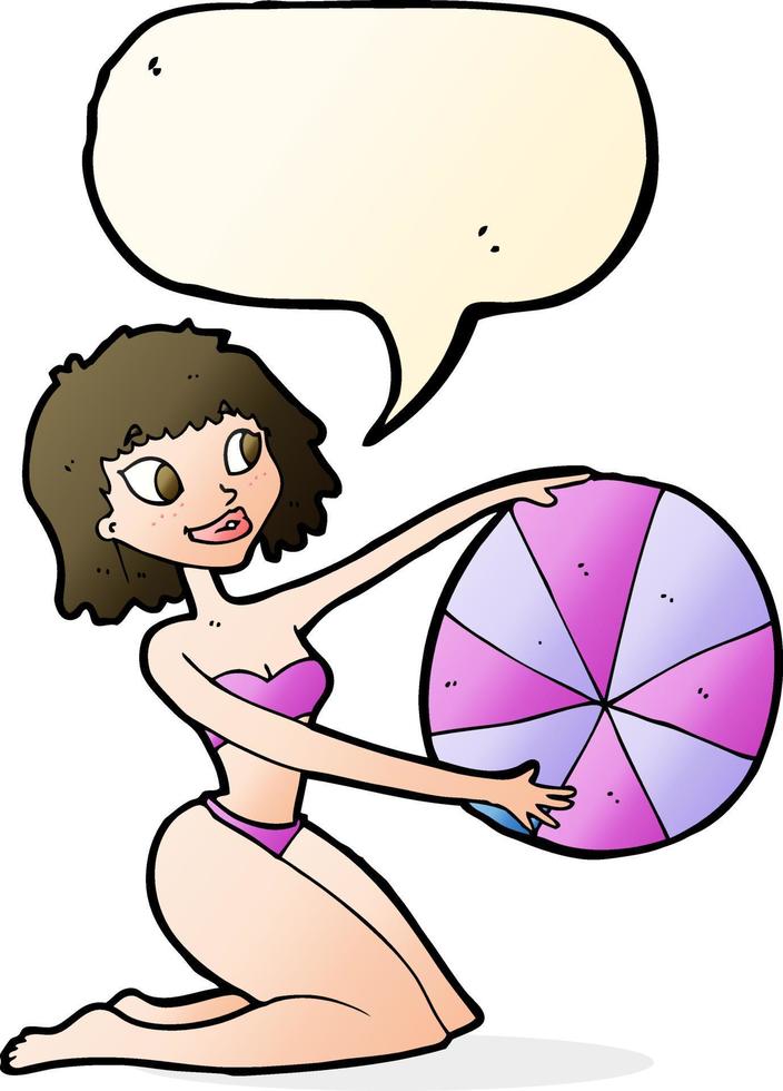 tekenfilm bikini meisje met strand bal met toespraak bubbel vector