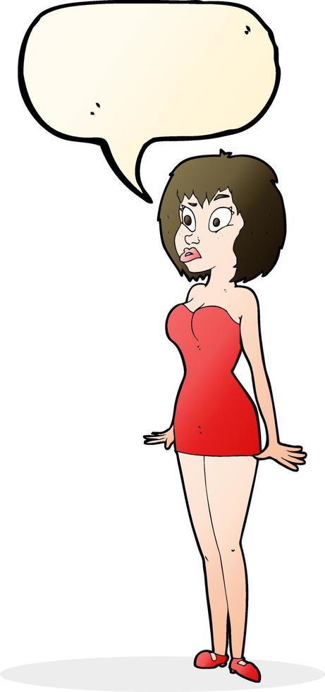 tekenfilm verrast vrouw in kort jurk met toespraak bubbel vector
