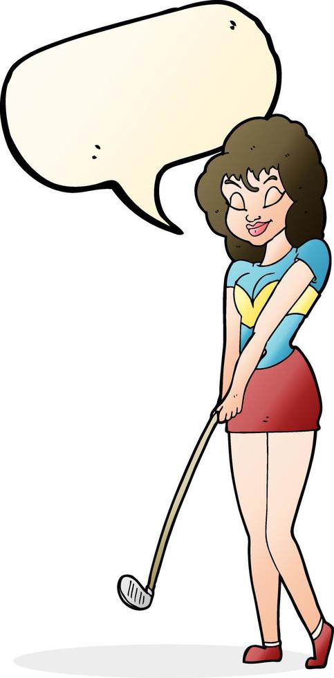 tekenfilm vrouw spelen golf met toespraak bubbel vector