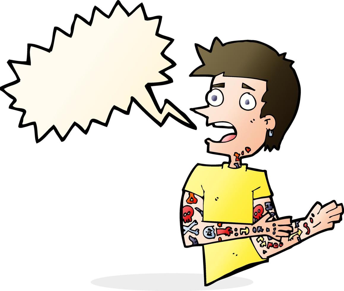 tekenfilm Mens met tatoeages met toespraak bubbel vector