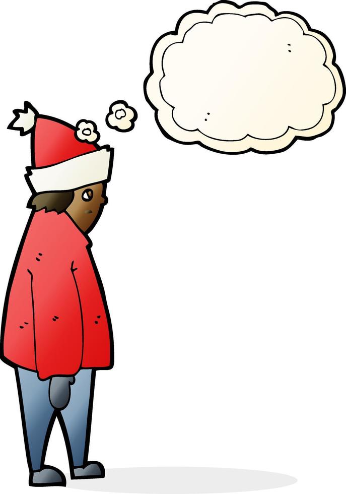 tekenfilm persoon in winter kleren met gedachte bubbel vector