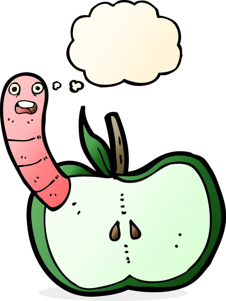 tekenfilm appel met worm met gedachte bubbel vector