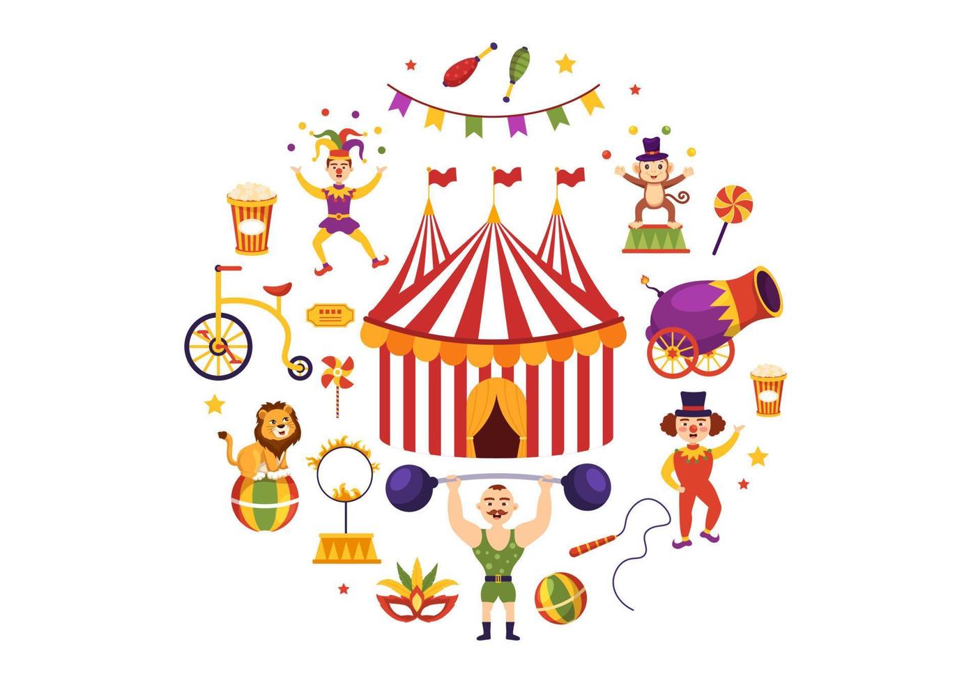 circus sjabloon hand- getrokken tekenfilm vlak illustratie met tonen van gymnast, goochelaar, dier leeuw, gastheer, entertainer, clowns en amusement park vector