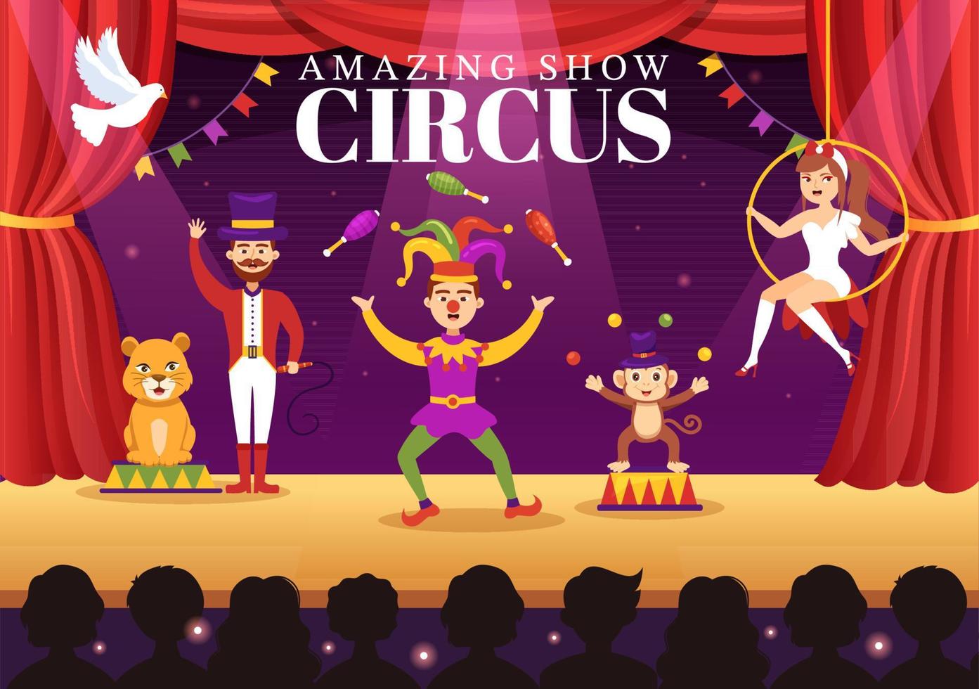 circus sjabloon hand- getrokken tekenfilm vlak illustratie met tonen van gymnast, goochelaar, dier leeuw, gastheer, entertainer, clowns en amusement park vector
