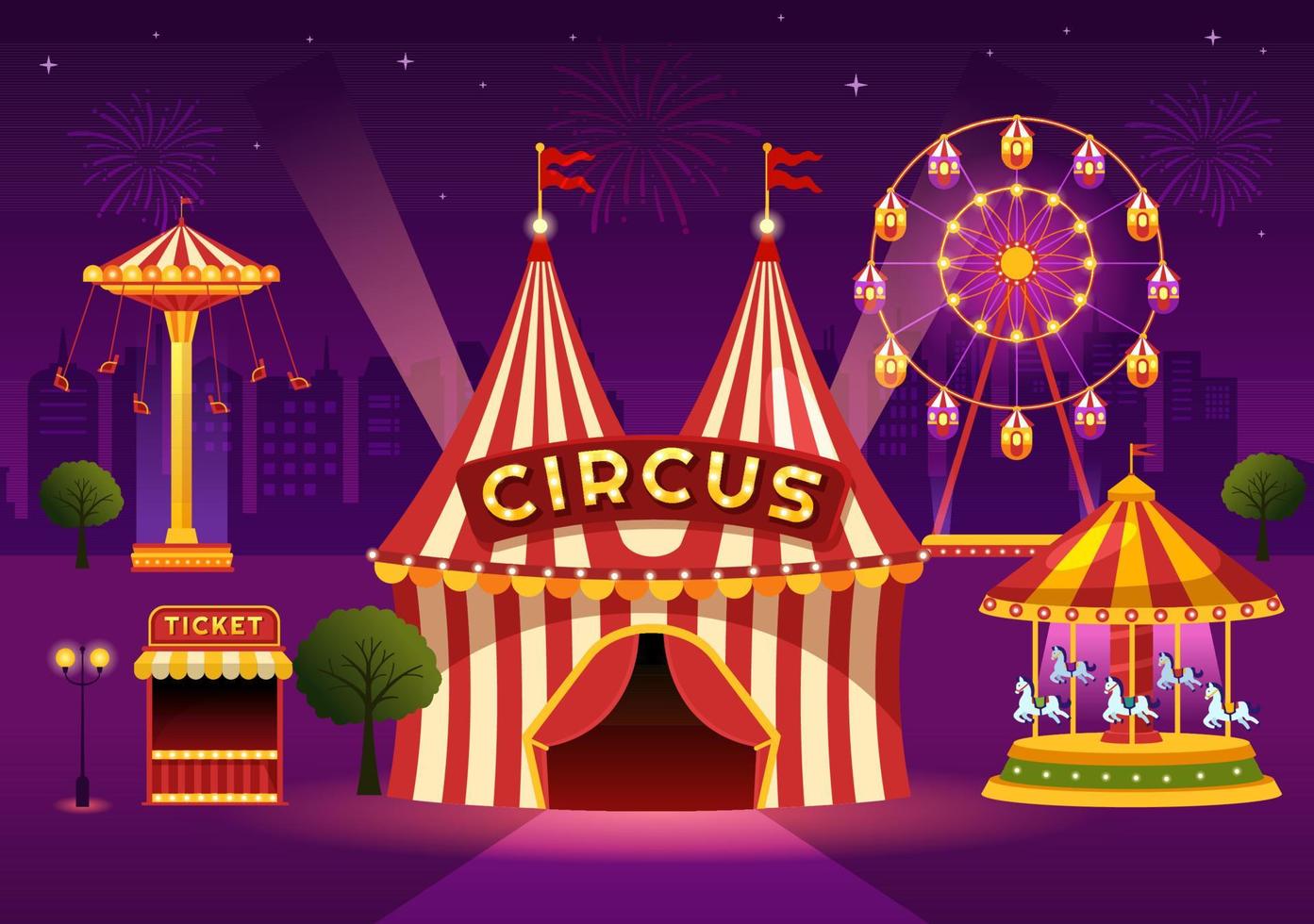 circus sjabloon hand- getrokken tekenfilm vlak illustratie met tonen van gymnast, goochelaar, dier leeuw, gastheer, entertainer, clowns en amusement park vector