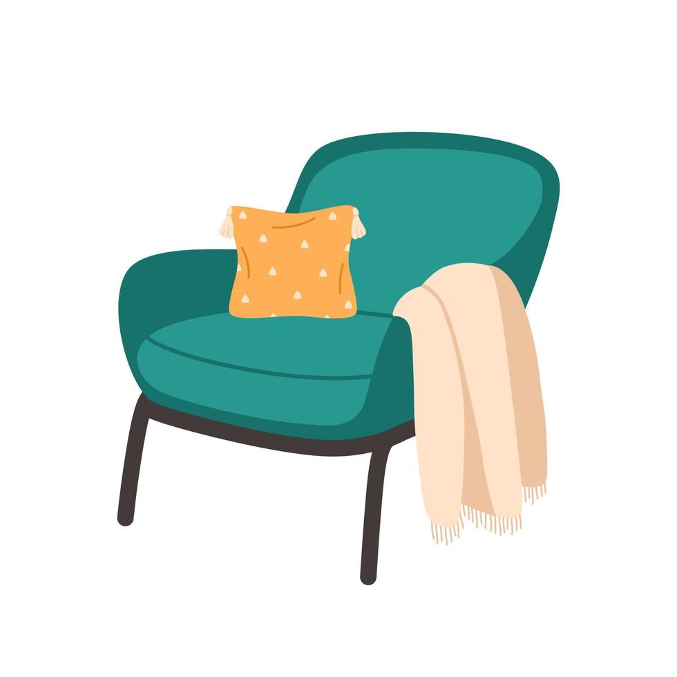 modern fauteuil met deken en decoratief kussen. knus modern comfortabel meubilair in hygge stijl. vector