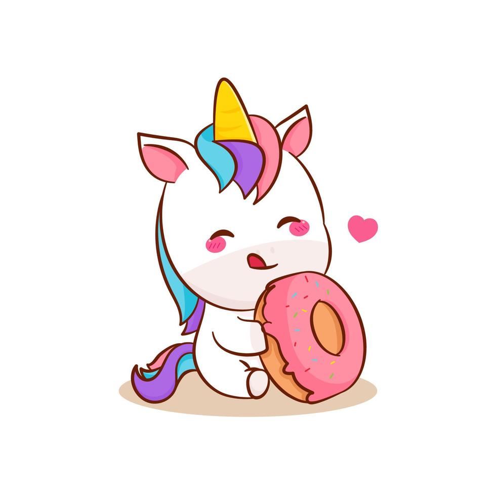 schattig magisch eenhoorn tekenfilm eet donut vector. pony tekenfilm kawaii dier. geïsoleerd Aan een wit achtergrond. vector