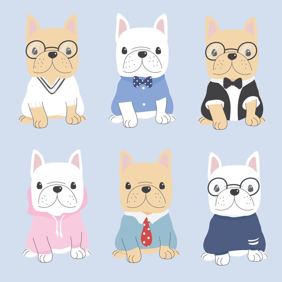 schattig vlak stijl Frans bulldog hond in teder Mens kostuum vector