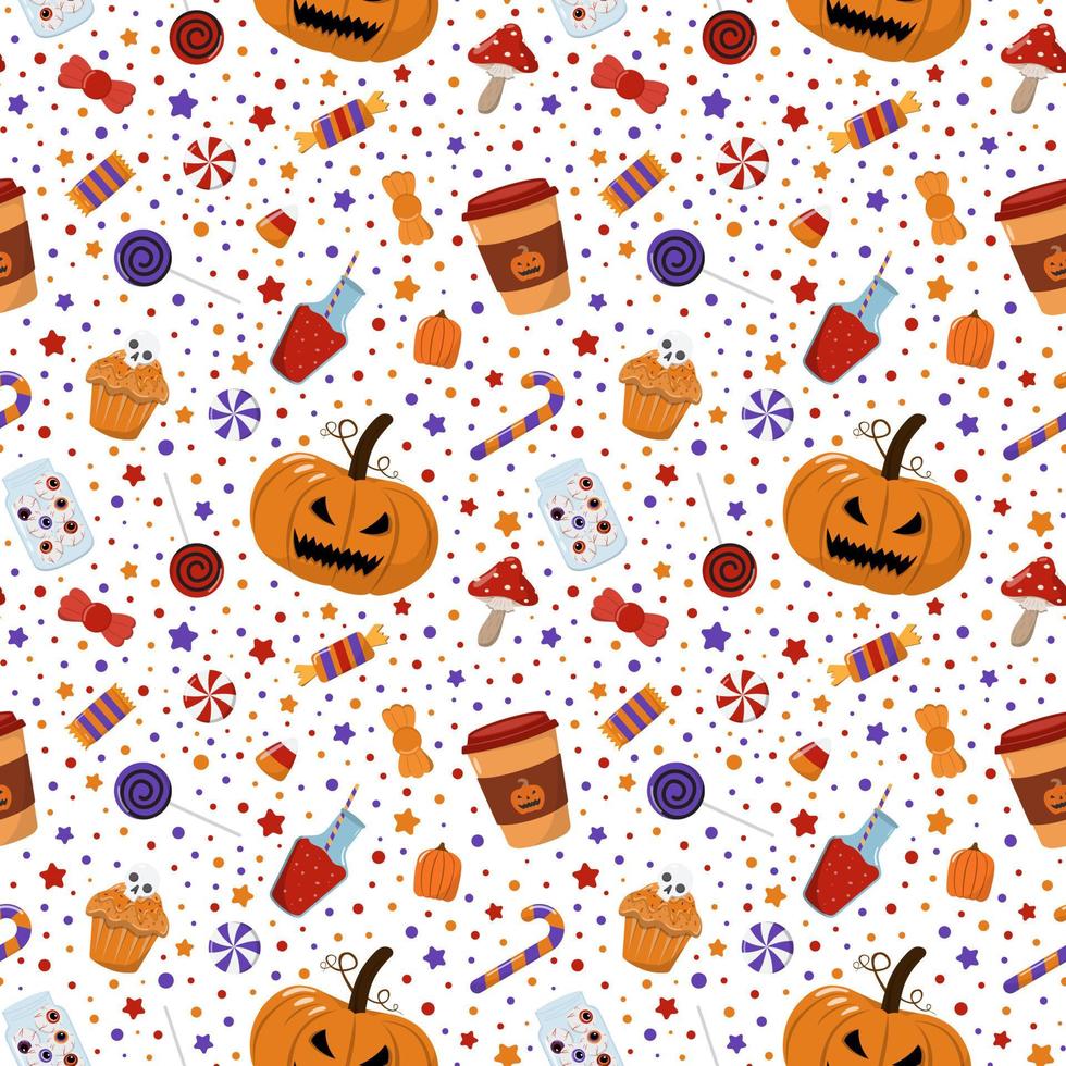 tekenfilm halloween koffie beker, smakelijk snoepgoed, eng pompoen lantaarn, paddestoel naadloos patroon. geïsoleerd Aan wit achtergrond. ontwerp voor vakantie inpakken, textiel. vector