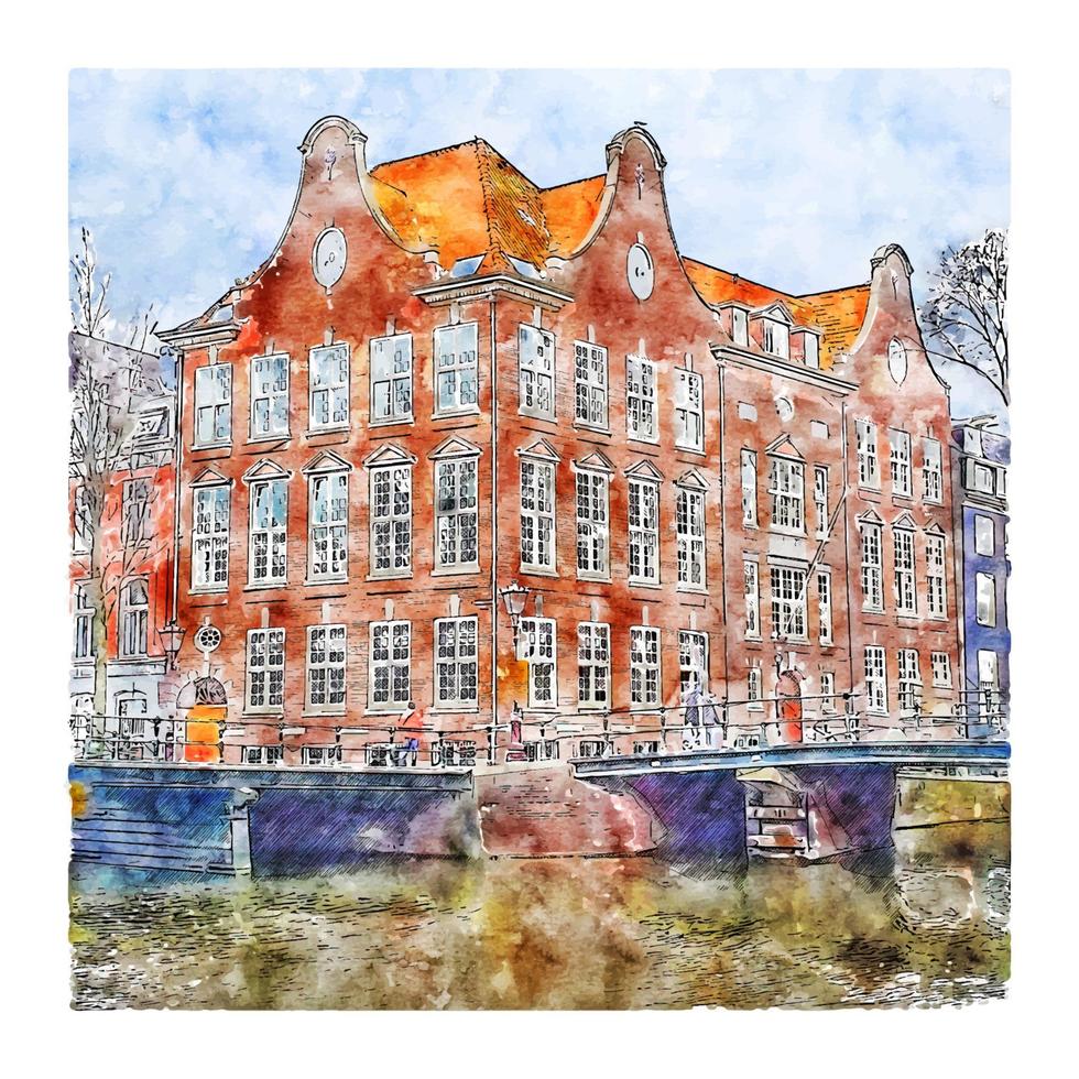 architectuur amsterdam nederland aquarel schets hand getekende illustratie vector