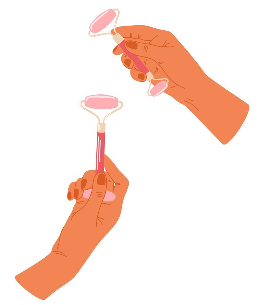 vrouwen handen Holding kunstmatig Product set. kwarts gezicht rol, gua sha schraper. gelaats massage. dagelijks huid zorg routine- en hygiëne concept. vector illustratie