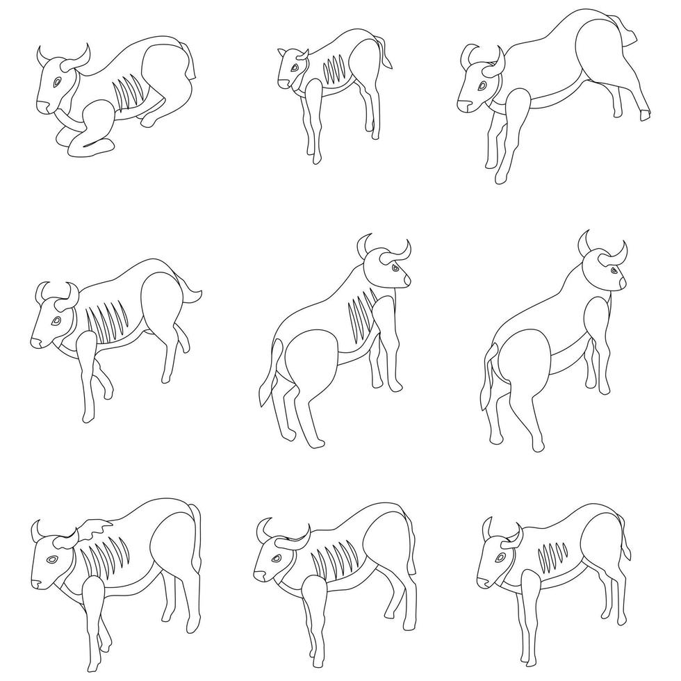 wildebeest pictogrammen reeks vector schets