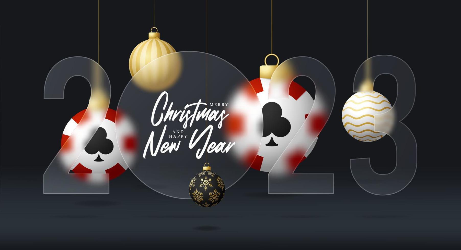 poker casino 2023 uitverkoop banier of groet kaart. vrolijk Kerstmis en gelukkig nieuw jaar 2023 banier met glasmorfisme of glas-morfisme vervagen effect. realistisch vector illustratie.