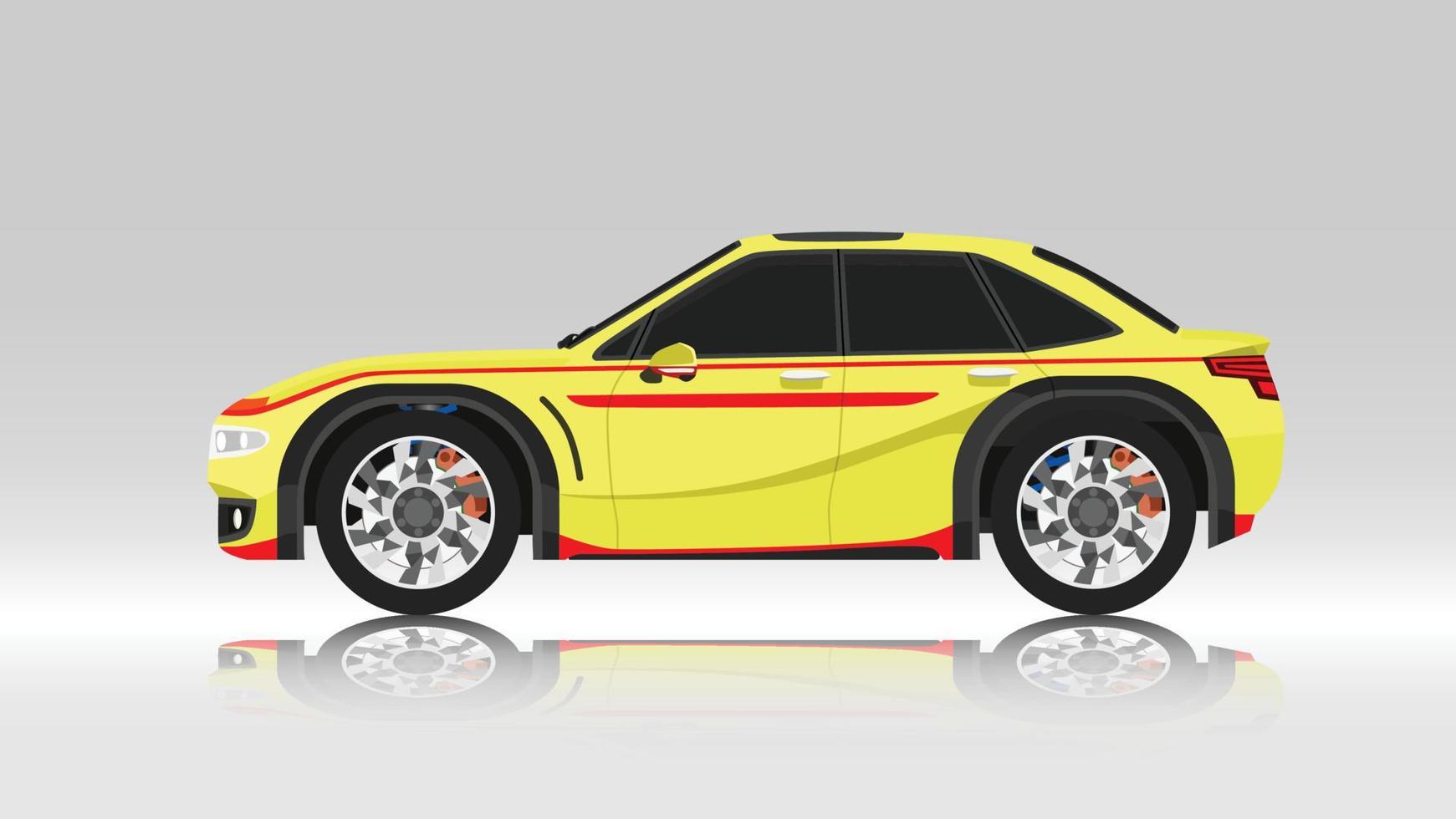 concept vector illustratie van sedan auto geel kleur met rood lijn ontwerp. met schaduw van auto Aan weerspiegeld van de grond onderstaand. en geïsoleerd wit achtergrond.