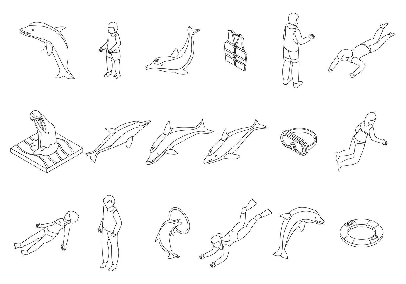 zwemmen met dolfijnen pictogrammen reeks vector schets